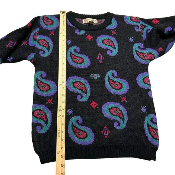 Vintage 80s Black Paisley Neon Multi Colored Sweater Women’s Small Retro Vibrant - Picture 6 of 6